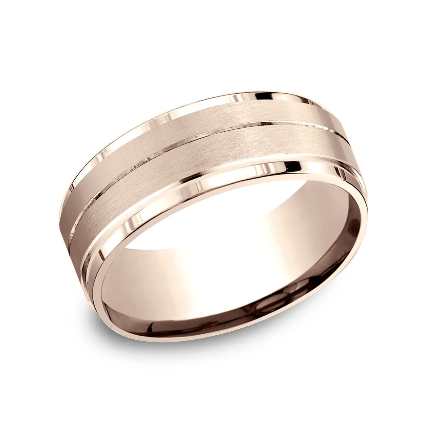 14k Rose Gold 8mm Comfort Fit Drop Bevel Satin Finish Center Design Band