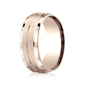 14k Rose Gold 8mm Comfort Fit Drop Bevel Satin Finish Center Design Band