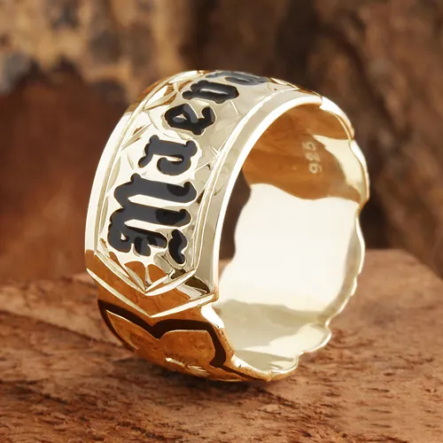 14K Yellow Gold Custom-Made Plumeria Scroll with Black Enamel Letter Cut Out Edge Ring (Thickness 1.5mm)