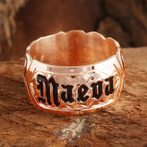 14K Yellow Gold Custom-Made Plumeria Scroll with Black Enamel Letter Cut Out Edge Ring (Thickness 1.5mm)