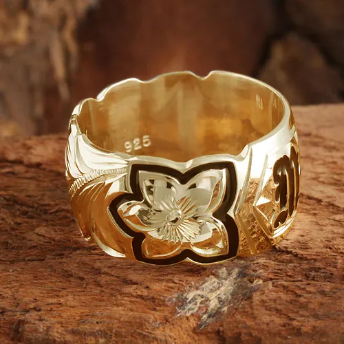 14K Yellow Gold Custom-Made Plumeria Scroll with Black Enamel Letter Cut Out Edge Ring (Thickness 1.5mm)