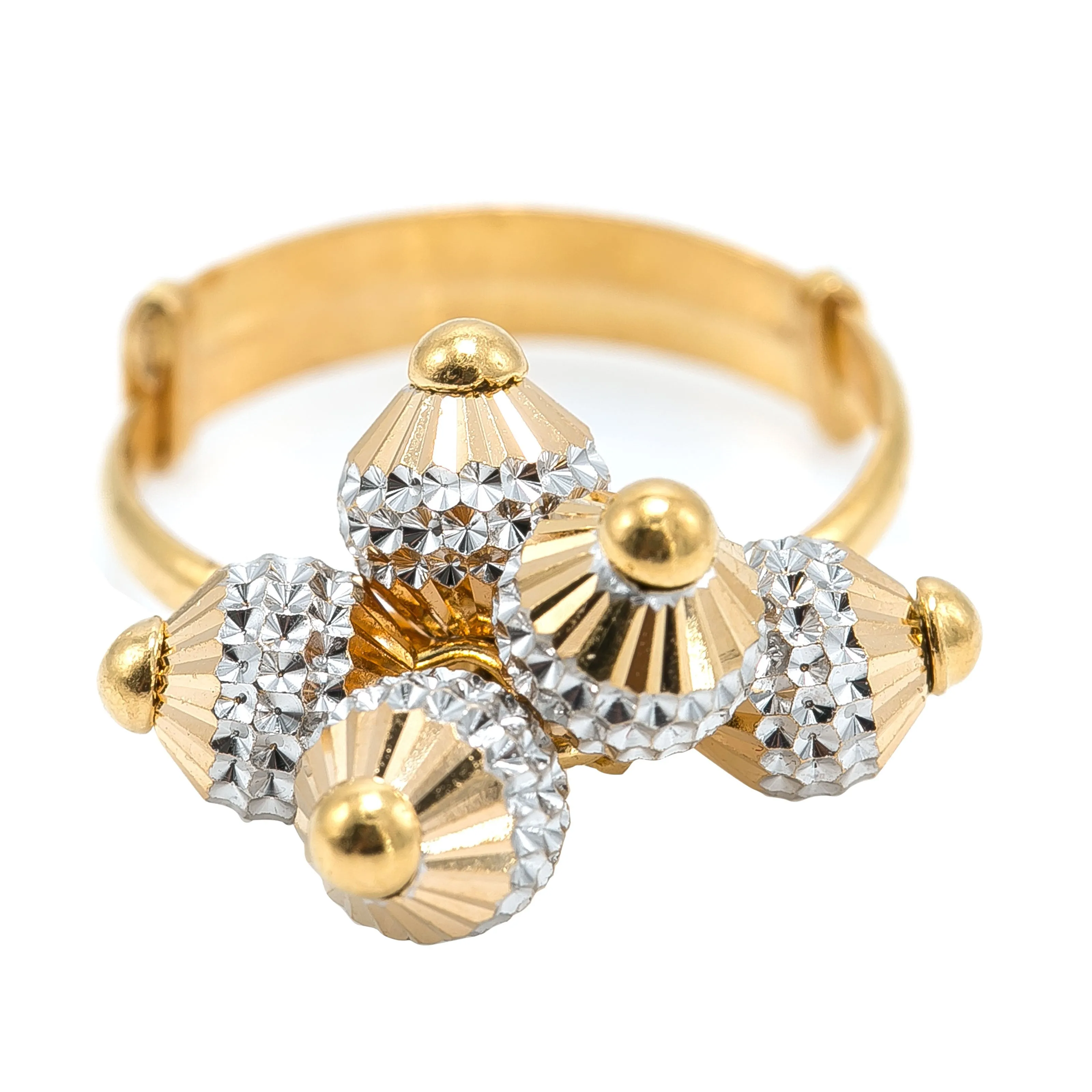 22K Multi Tone Gold Ring W/ Textured Yellow & White Gold Baubles