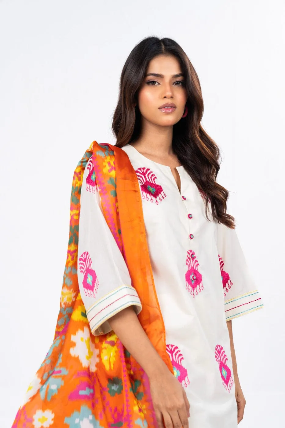 3 Pc Dyed Embroidered Light Cambric Shirt With Printed Chiffon Dupatta