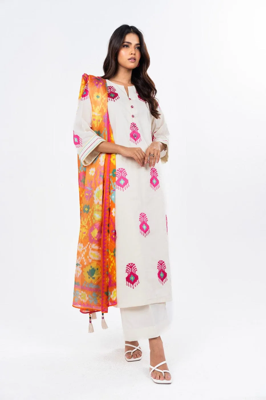 3 Pc Dyed Embroidered Light Cambric Shirt With Printed Chiffon Dupatta