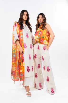 3 Pc Dyed Embroidered Light Cambric Shirt With Printed Chiffon Dupatta