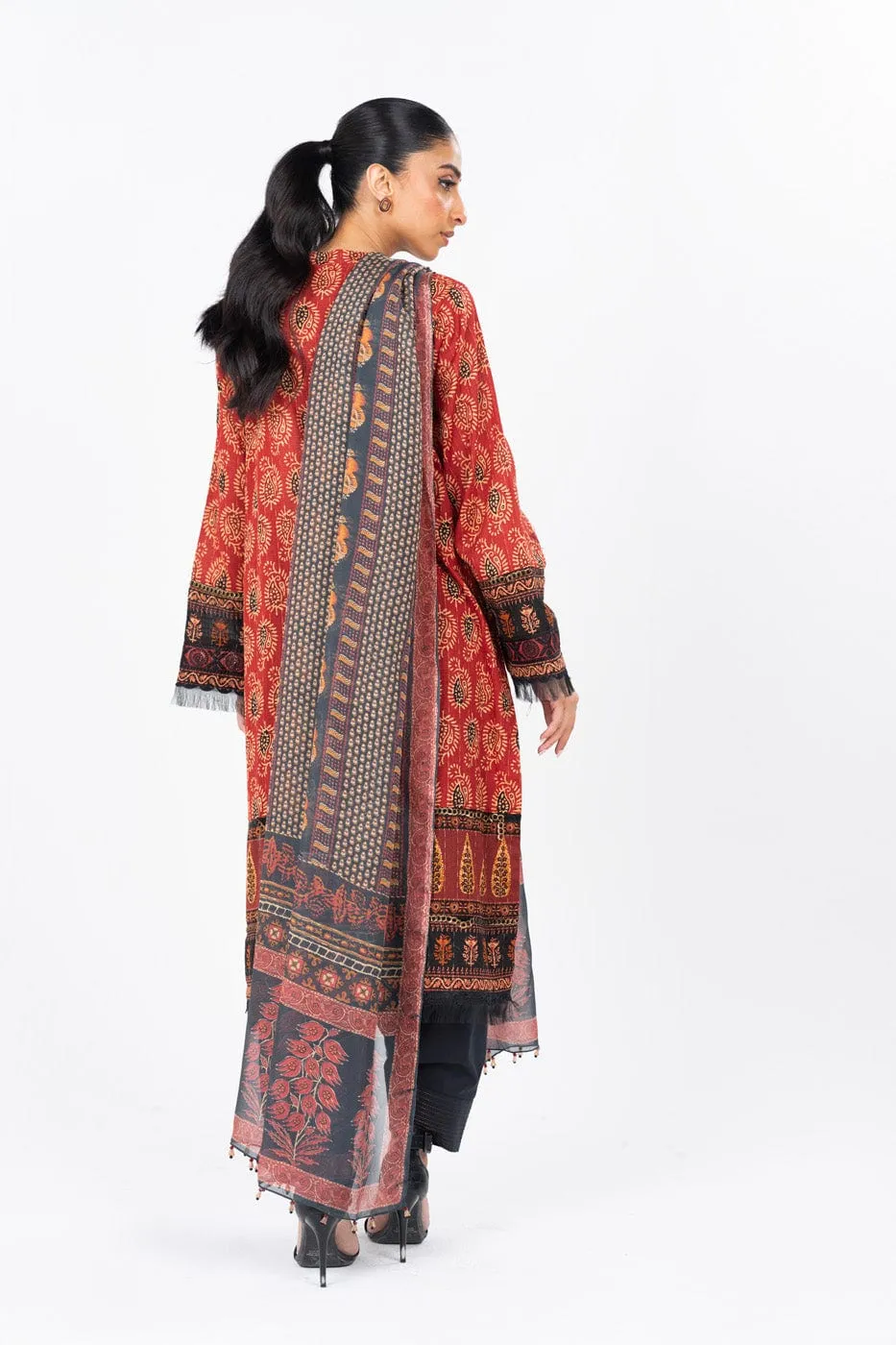 3 Pc Printed Embroidered Dobby Lawn Suit With Printed Dupatta
