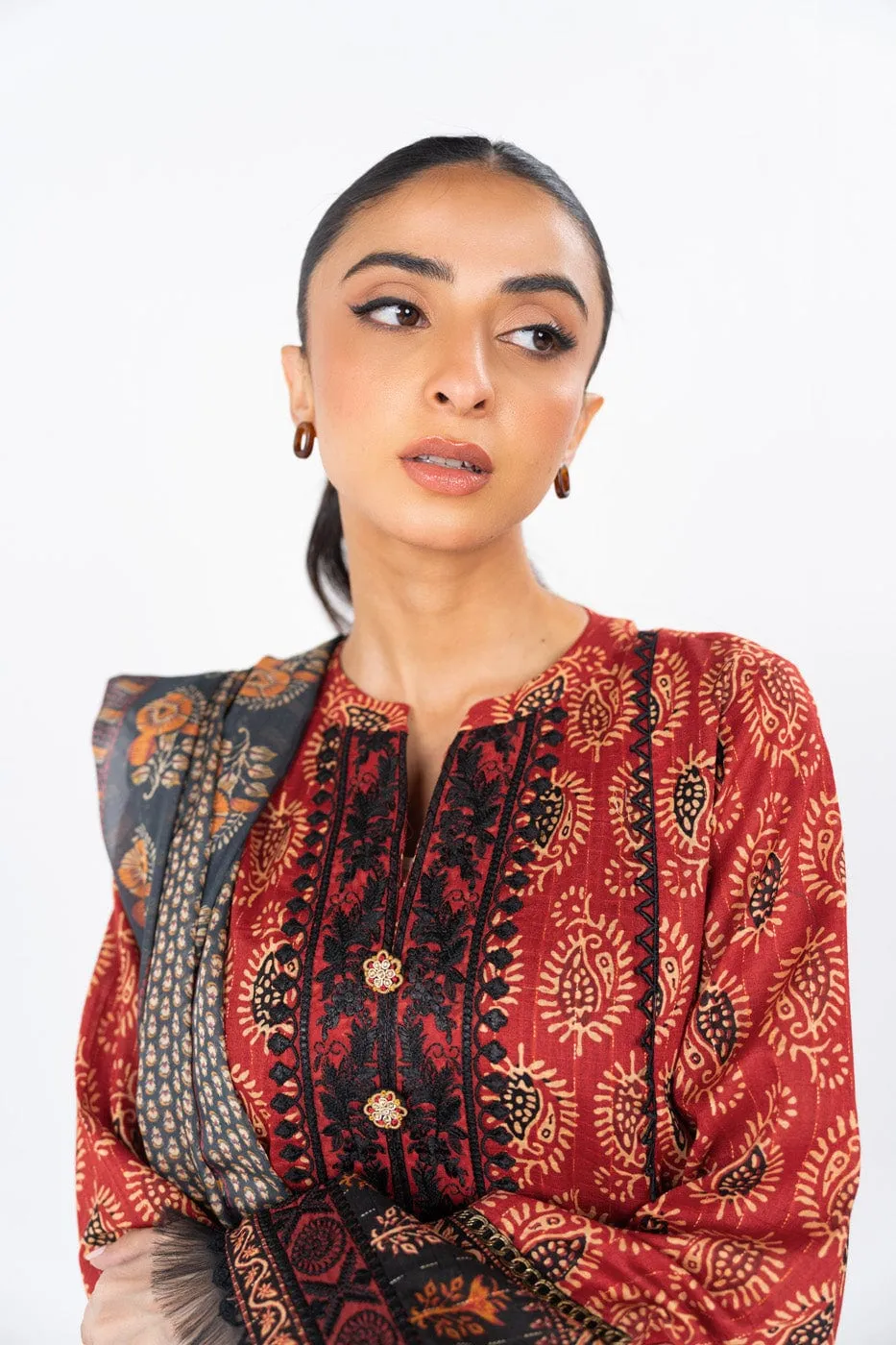 3 Pc Printed Embroidered Dobby Lawn Suit With Printed Dupatta