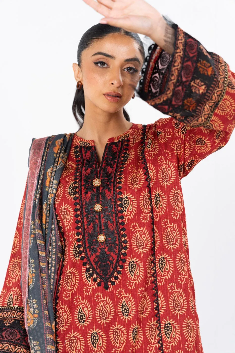 3 Pc Printed Embroidered Dobby Lawn Suit With Printed Dupatta