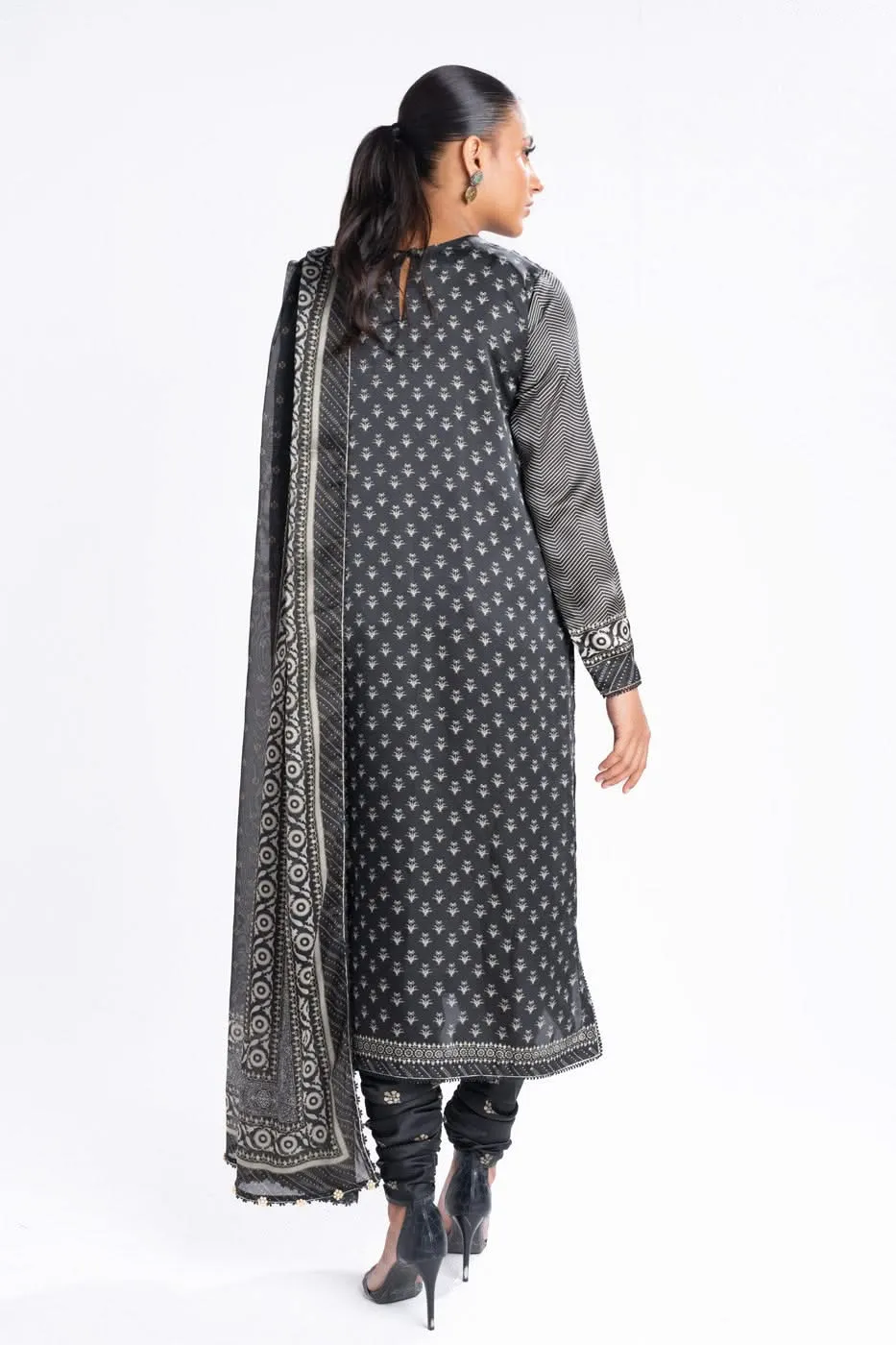 3 Piece Printed Chamois Silk Suit With Printed Tissue Silk Dupatta