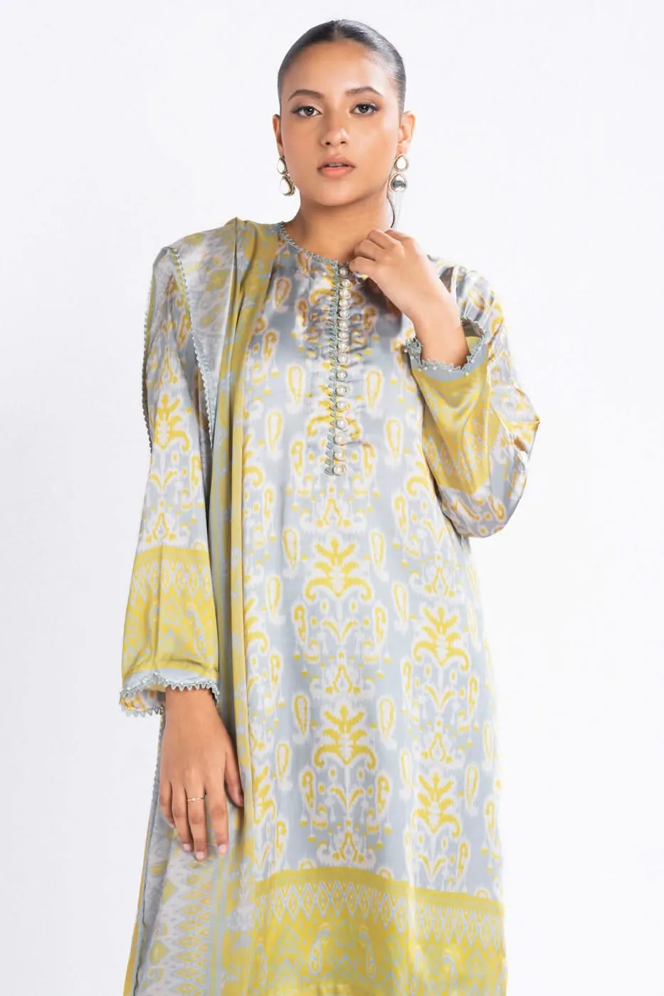 3 Piece Printed Chamois Silk Suit With Printed Tissue Silk Dupatta