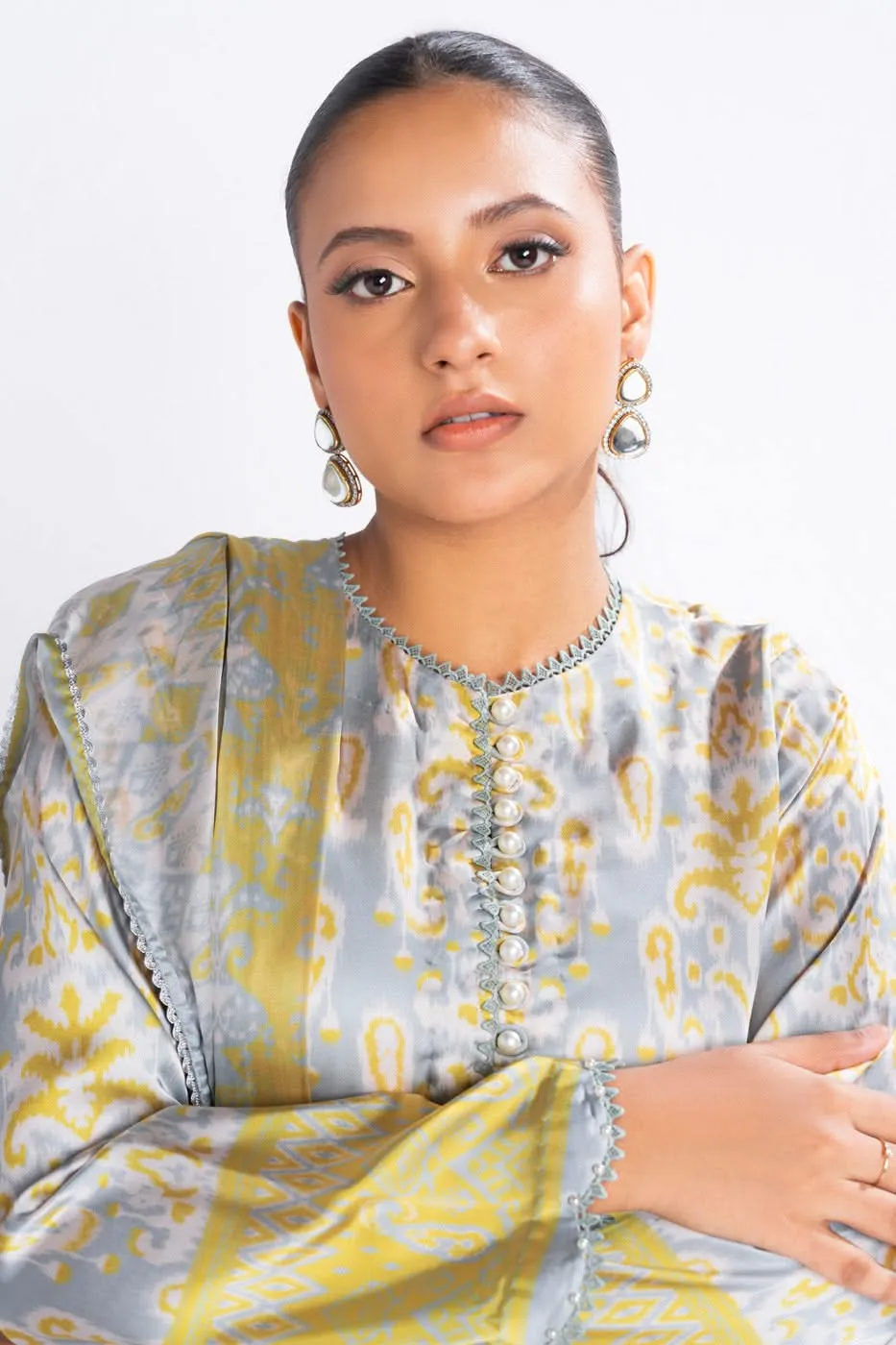 3 Piece Printed Chamois Silk Suit With Printed Tissue Silk Dupatta