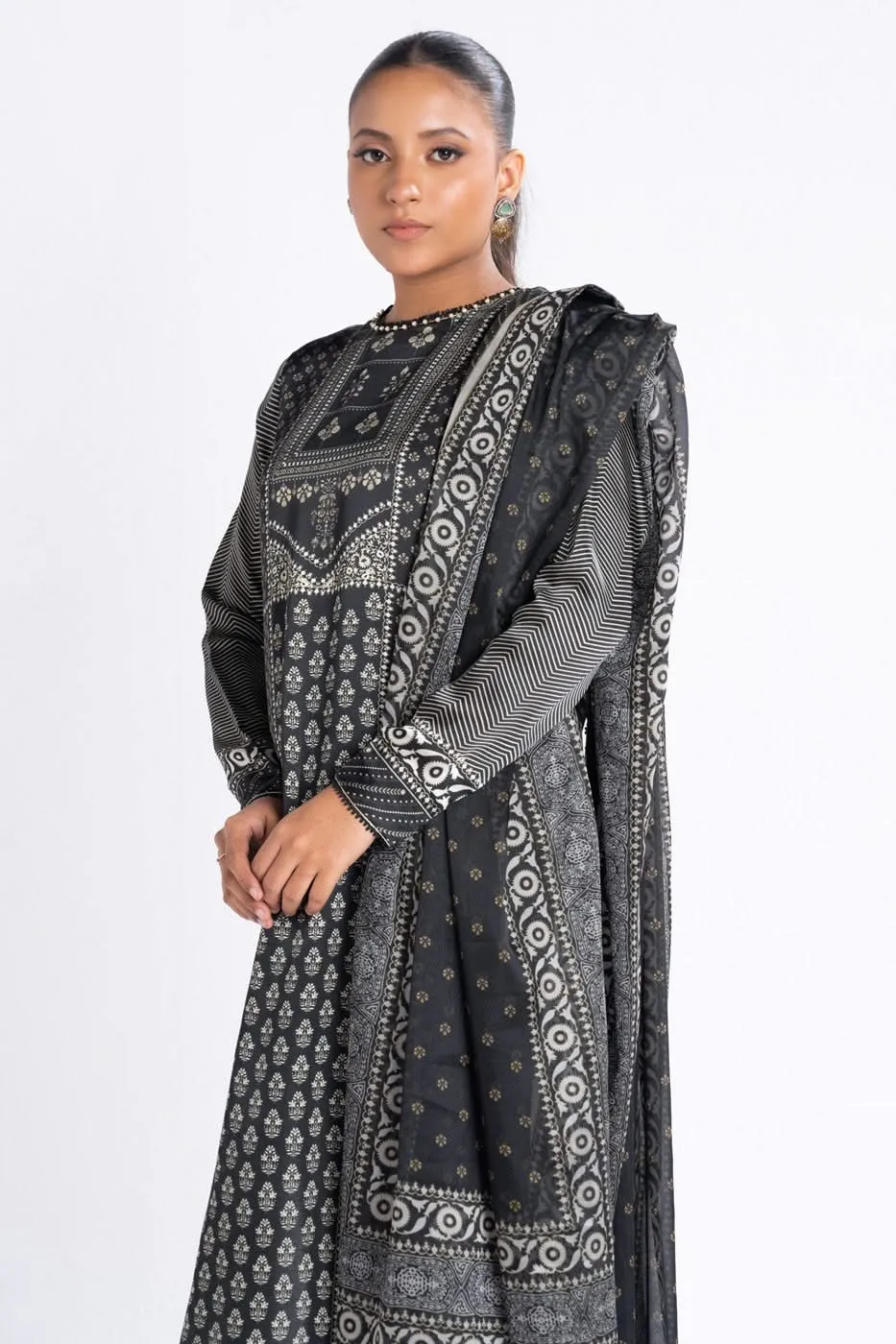 3 Piece Printed Chamois Silk Suit With Printed Tissue Silk Dupatta