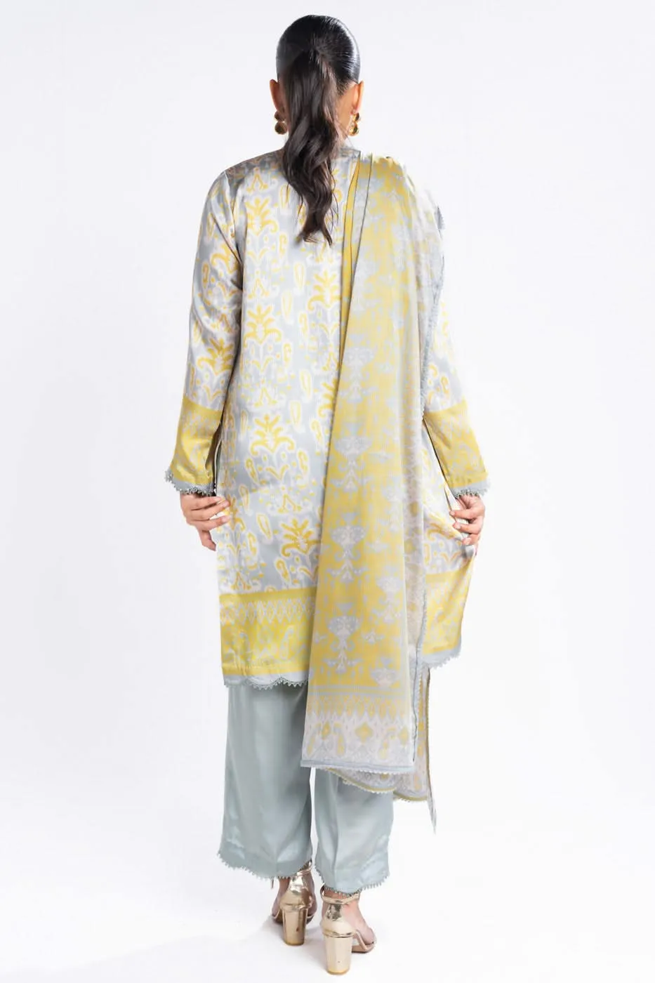 3 Piece Printed Chamois Silk Suit With Printed Tissue Silk Dupatta