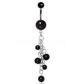 316L Surgical Steel Black Acrylic Navel Ring with Beaded Chain Cascade by Fashion Hut Jewelry
