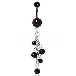 316L Surgical Steel Black Acrylic Navel Ring with Beaded Chain Cascade by Fashion Hut Jewelry