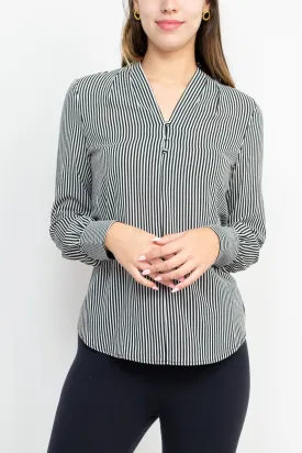 Adrianna Papell Button V-Neck Long Sleeve Stripe Print Woven Crepe Blouse