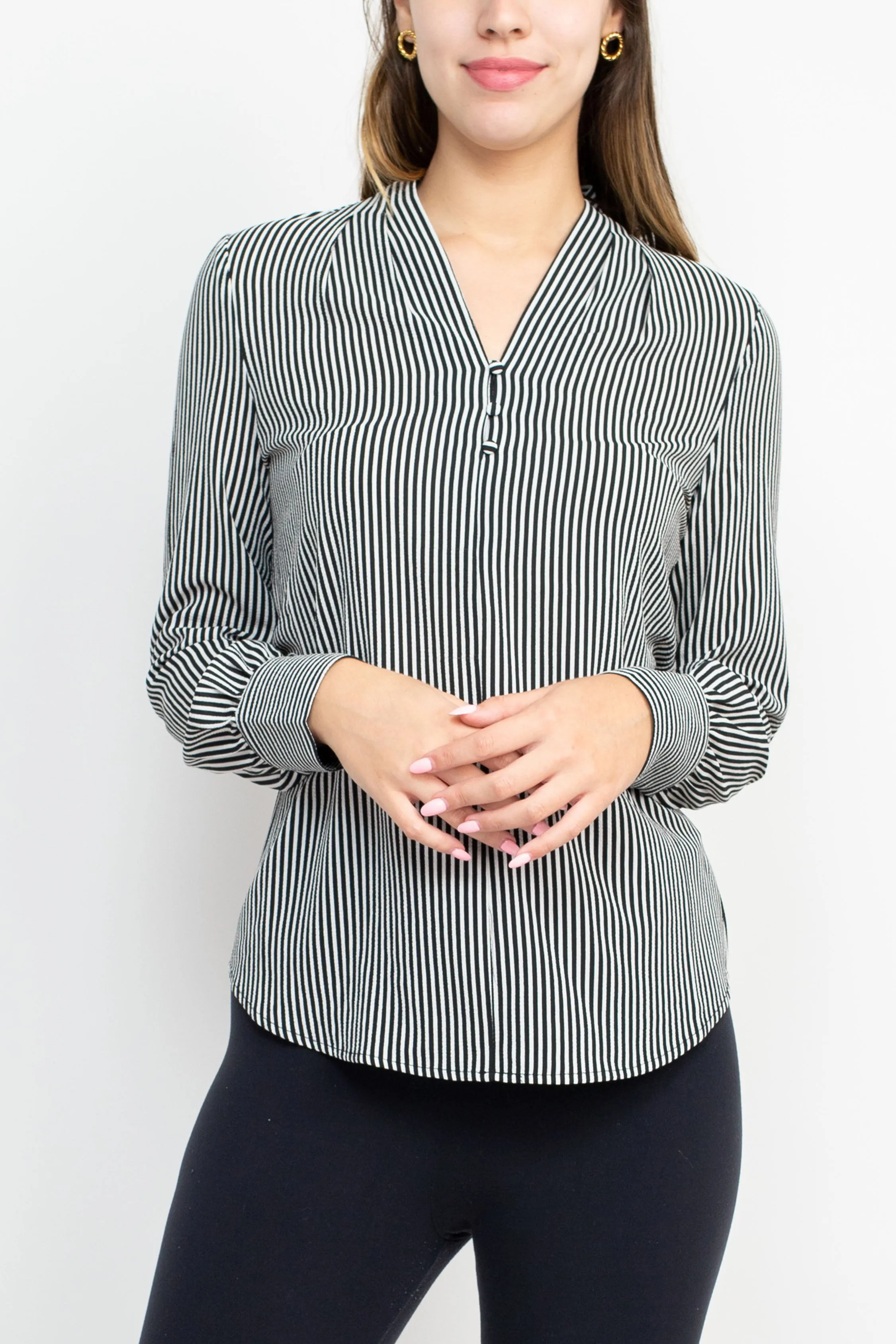 Adrianna Papell Button V-Neck Long Sleeve Stripe Print Woven Crepe Blouse