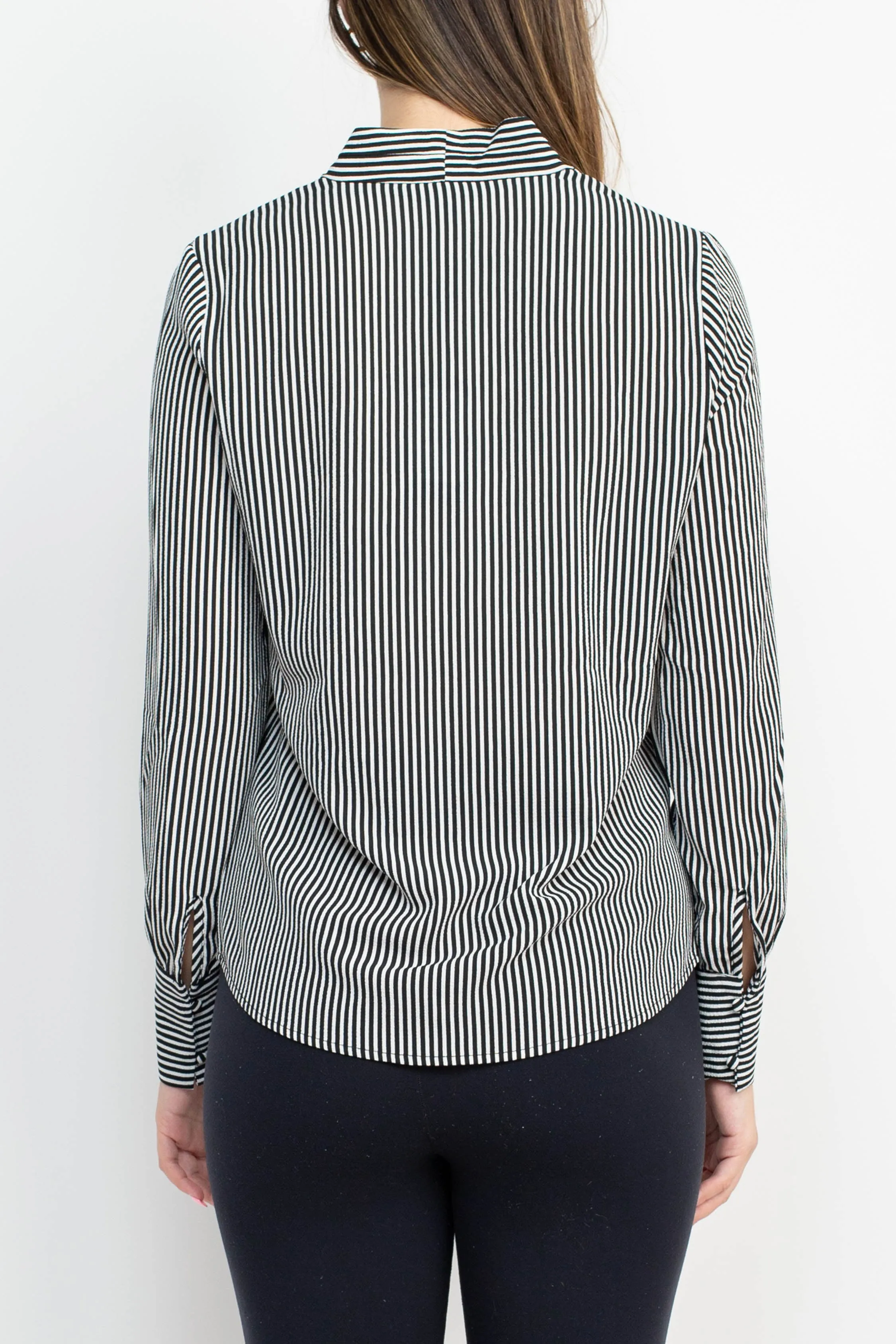Adrianna Papell Button V-Neck Long Sleeve Stripe Print Woven Crepe Blouse