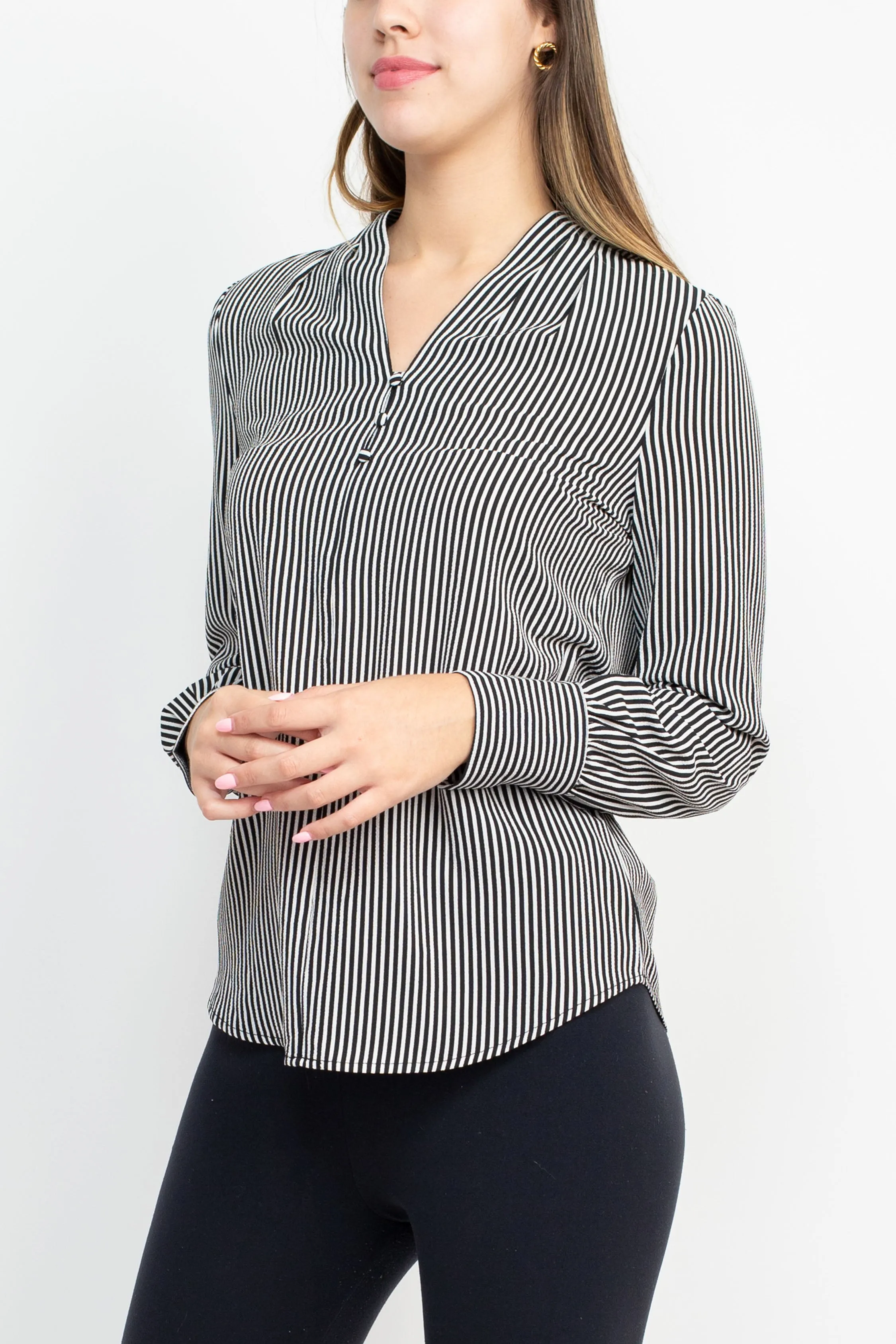 Adrianna Papell Button V-Neck Long Sleeve Stripe Print Woven Crepe Blouse