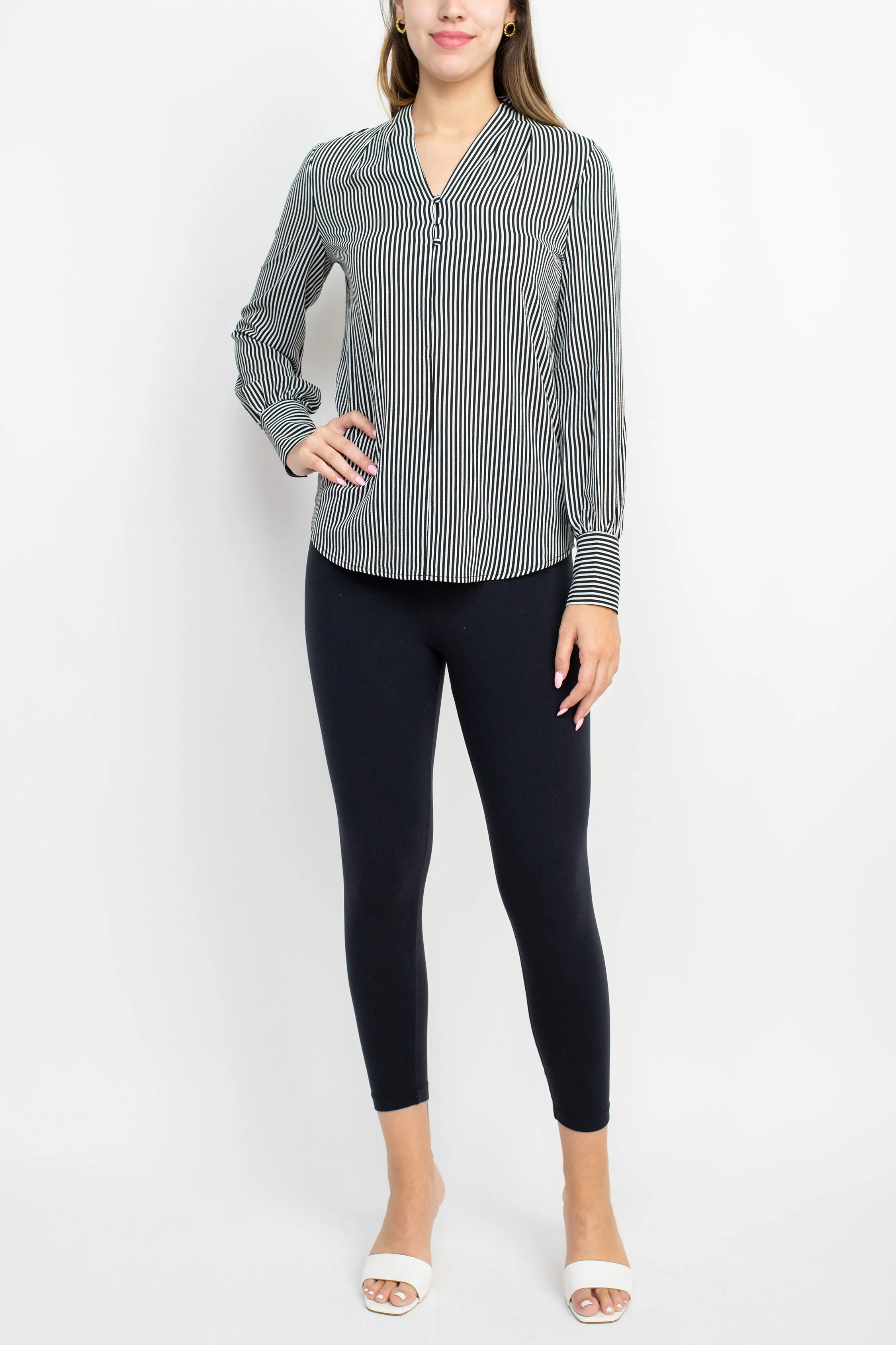 Adrianna Papell Button V-Neck Long Sleeve Stripe Print Woven Crepe Blouse