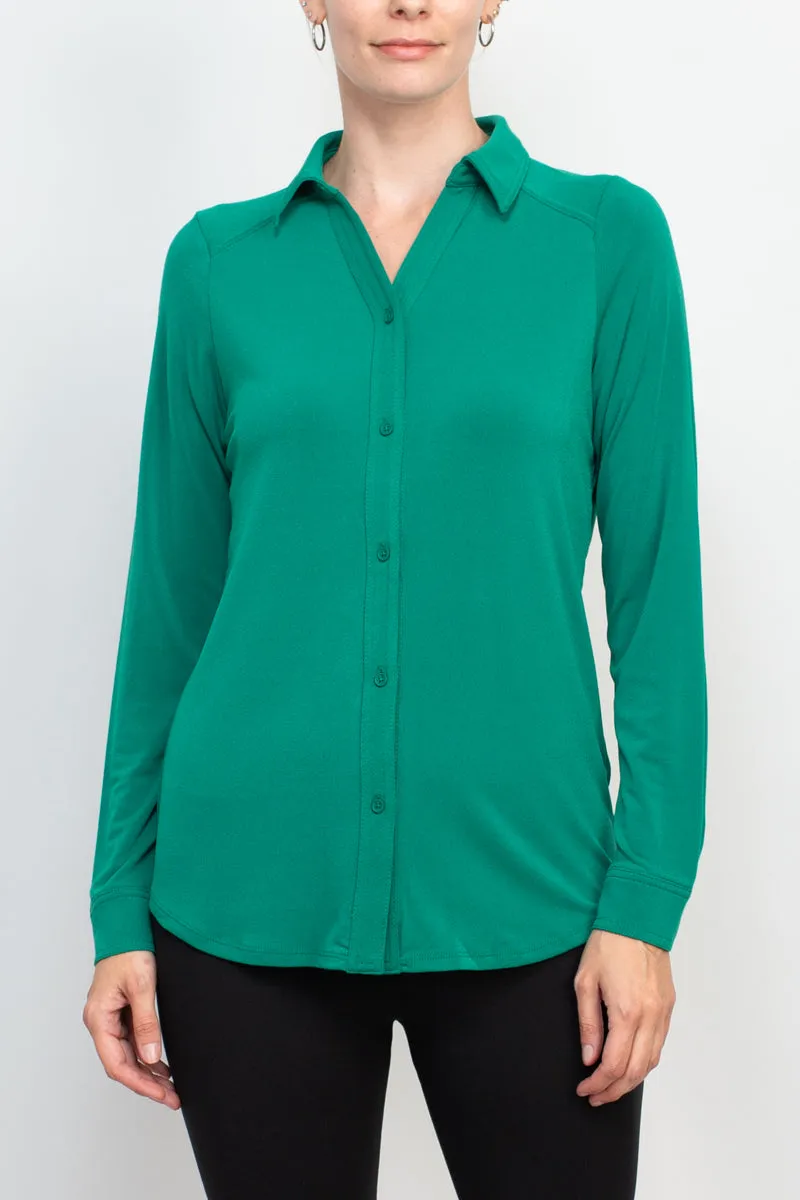 Adrianna Papell collared long sleeve button front solid knit moss crepe shirt