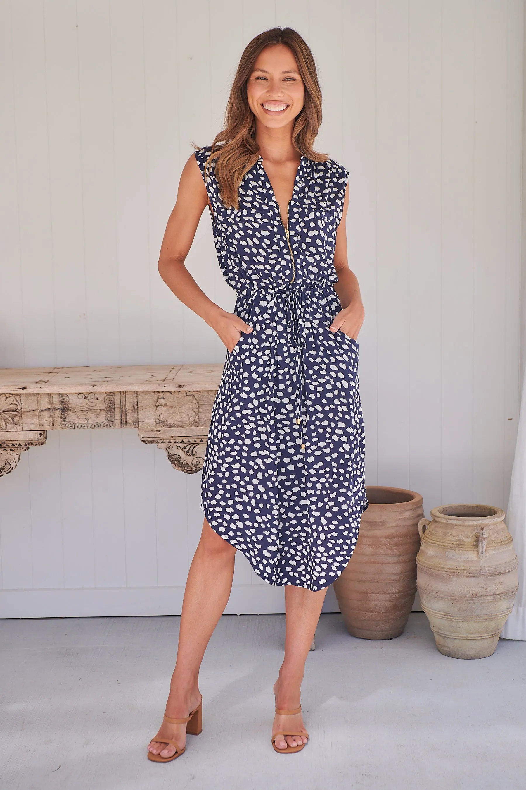Alma Navy/White Midi Zip Front Dress