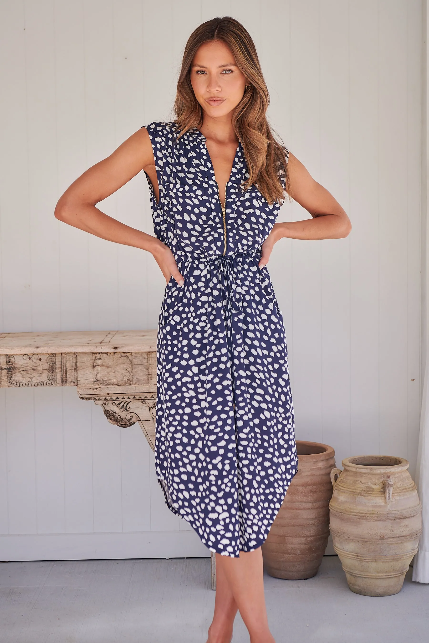 Alma Navy/White Midi Zip Front Dress