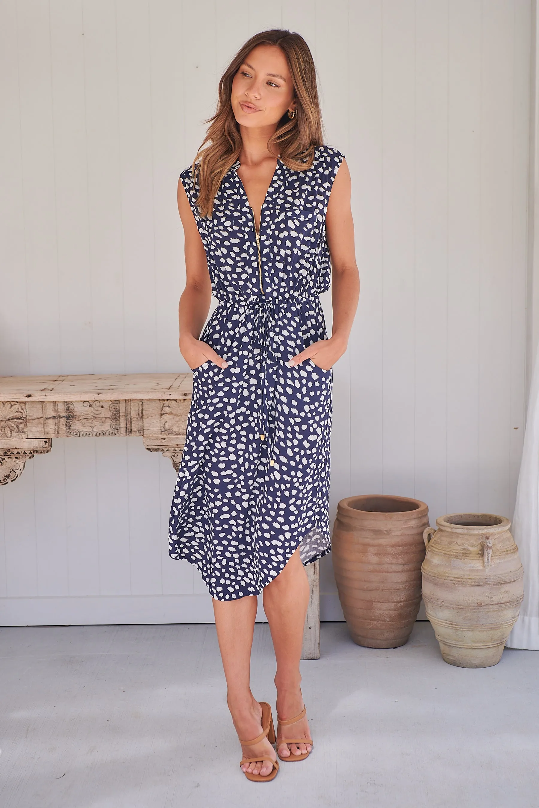Alma Navy/White Midi Zip Front Dress