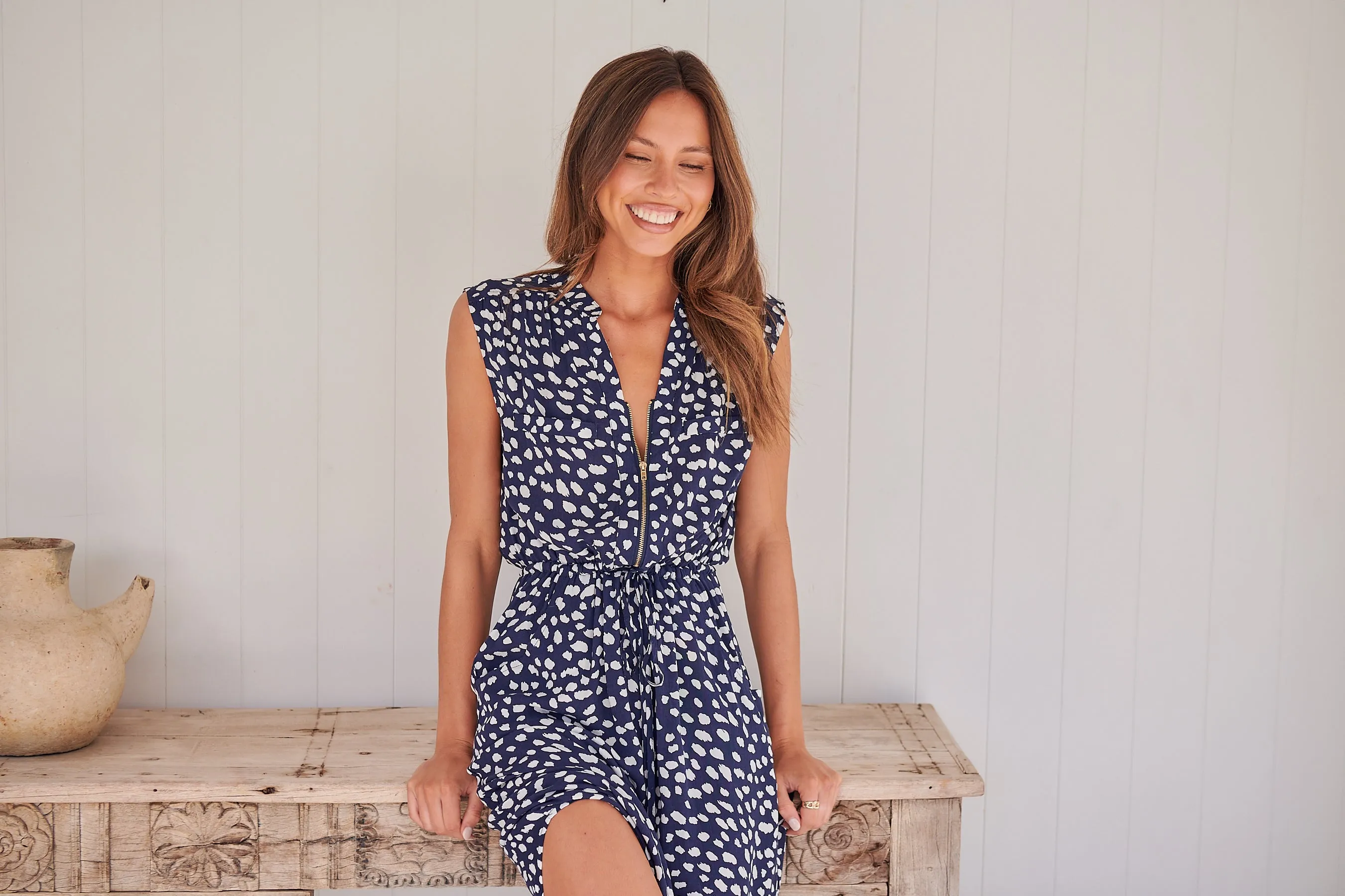 Alma Navy/White Midi Zip Front Dress