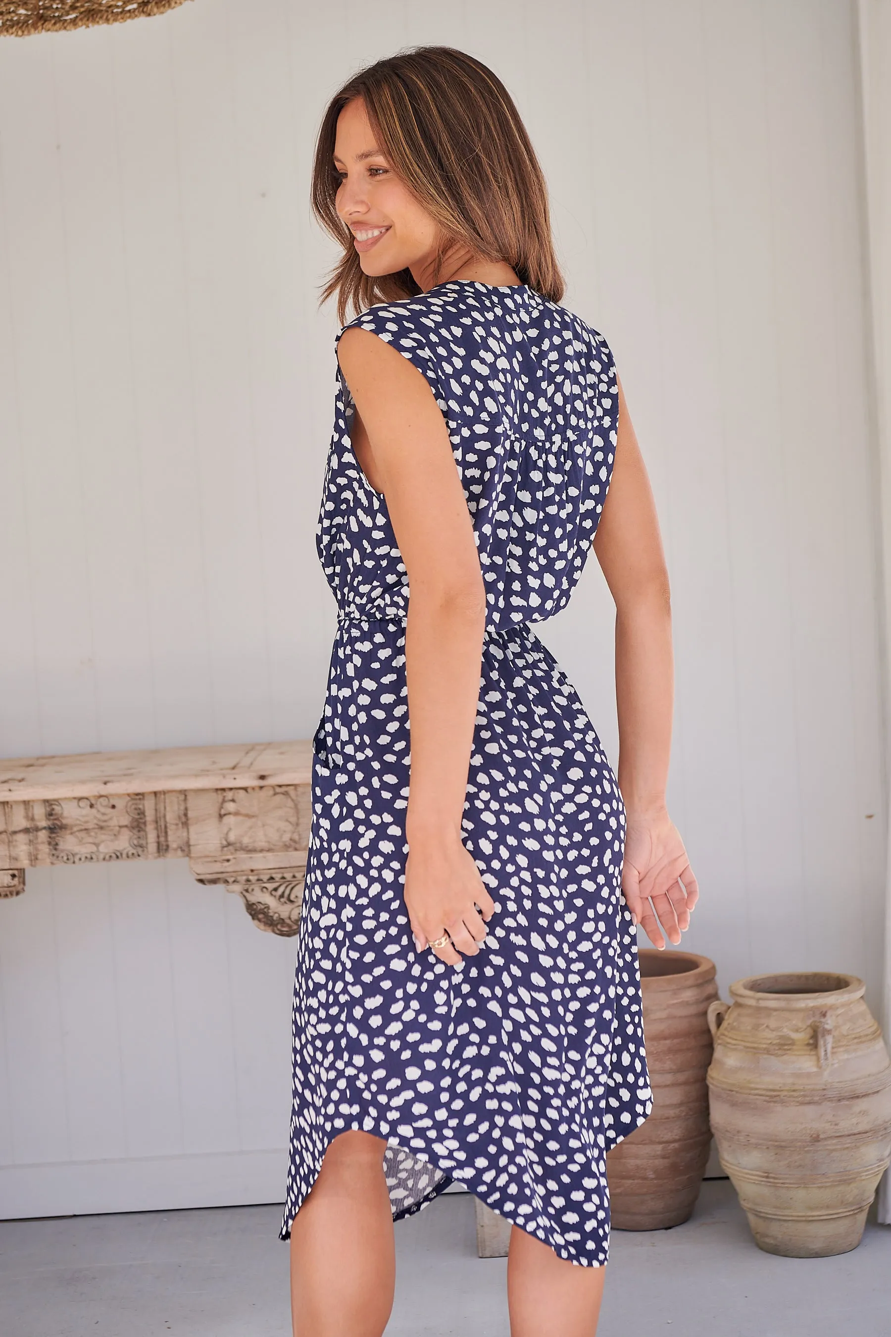 Alma Navy/White Midi Zip Front Dress