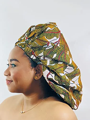 Ankara Silk Satin Bonnet - White/Gold, XL