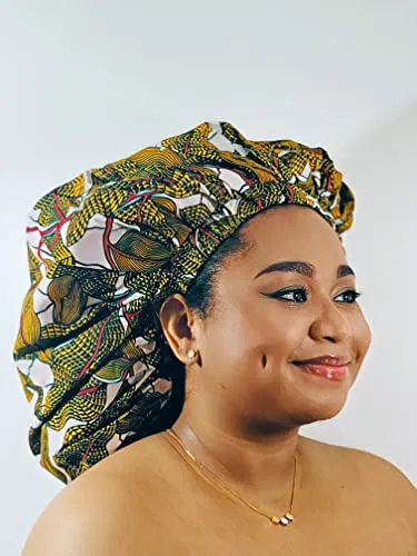 Ankara Silk Satin Bonnet - White/Gold, XL