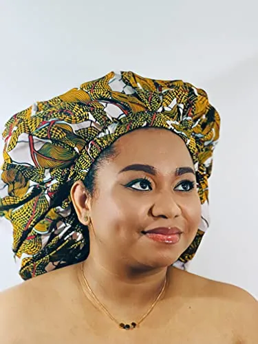 Ankara Silk Satin Bonnet - White/Gold, XL