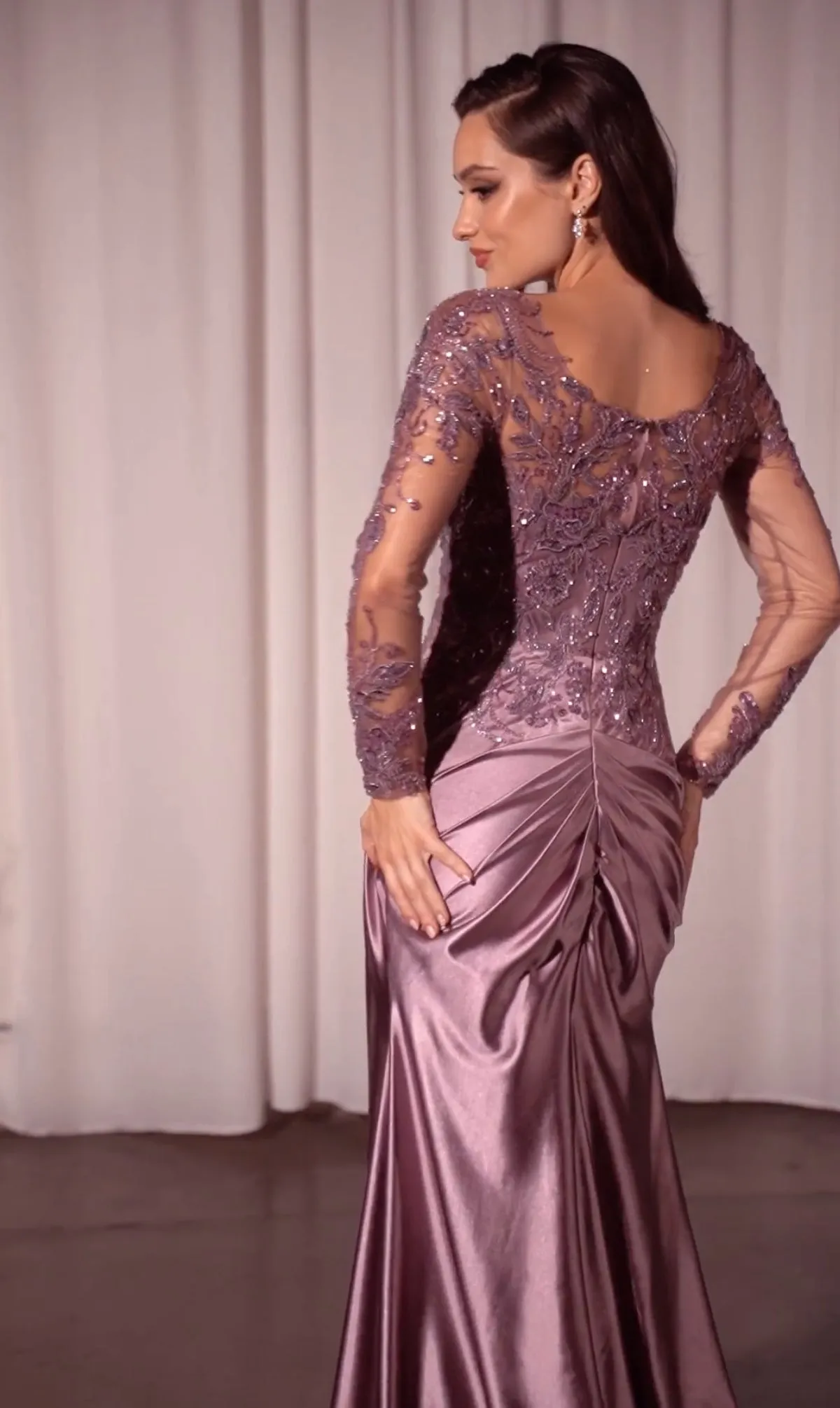 Long Sleeve Satin Gown with Applique and Slit by Ladivine - Model CDS505