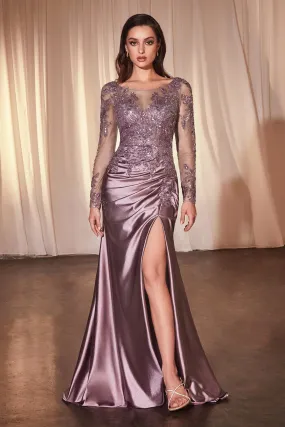 Long Sleeve Satin Gown with Applique and Slit by Ladivine - Model CDS505
