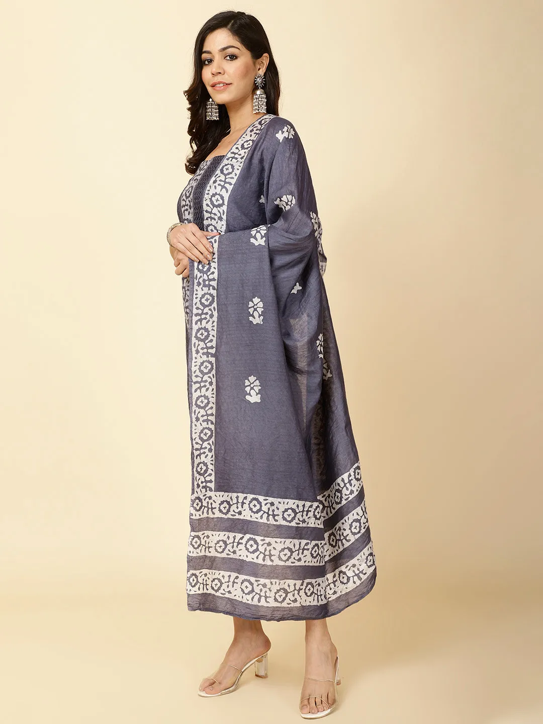 Batik Print Cotton Unstitched Suit Piece With Dupatta