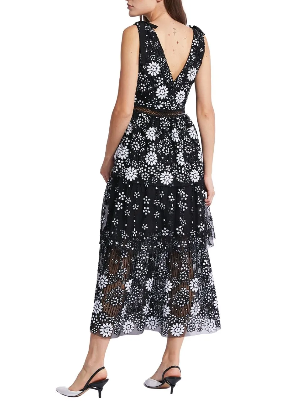 Black Starlet Deco V-neck Sequins Tiered Midi Dress (UK 8)
