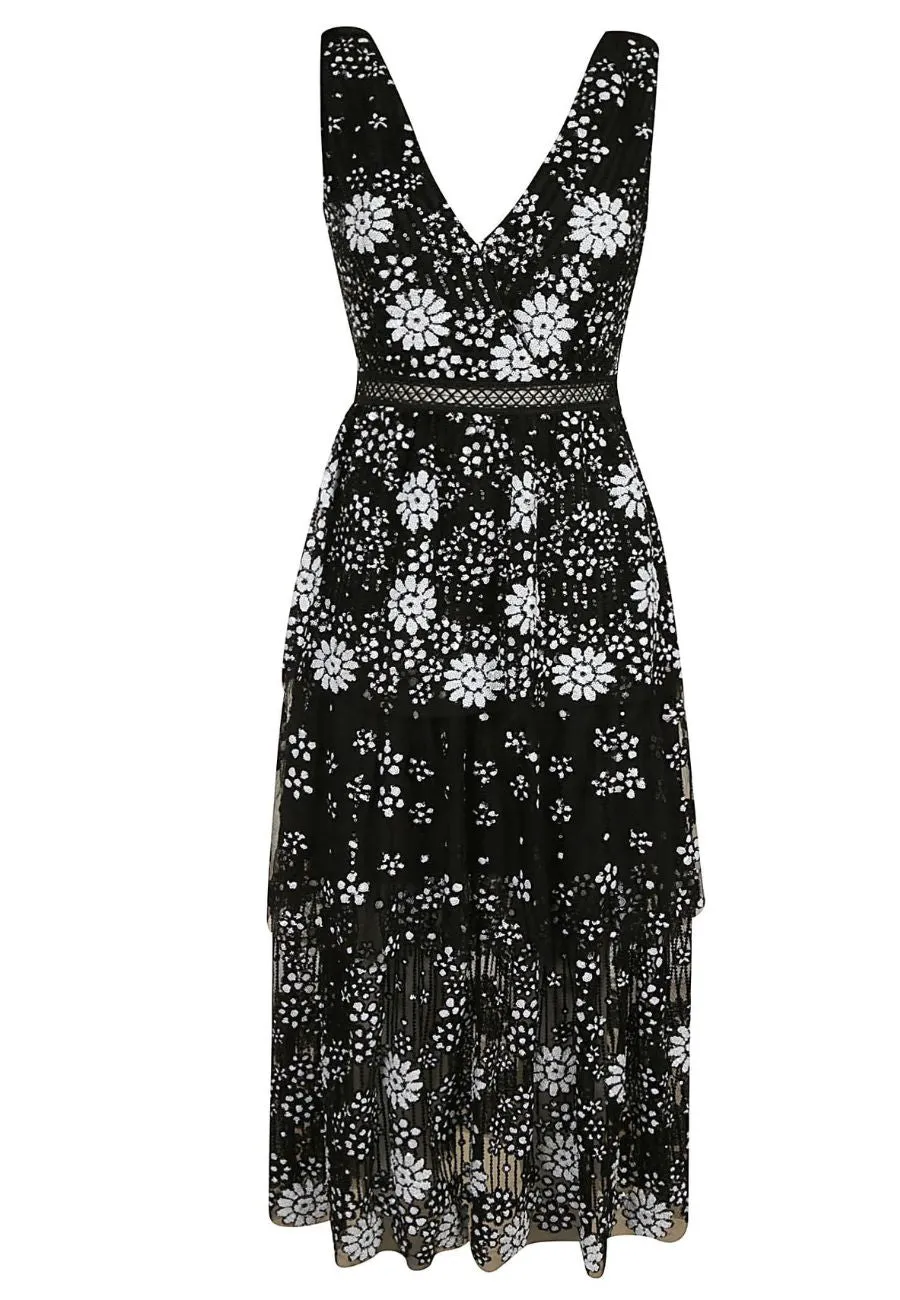 Black Starlet Deco V-neck Sequins Tiered Midi Dress (UK 8)