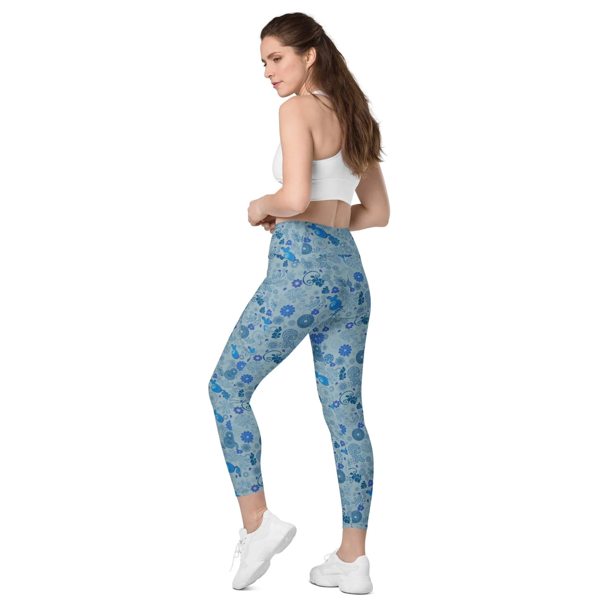 Blue Paisley Crossover leggings with pockets