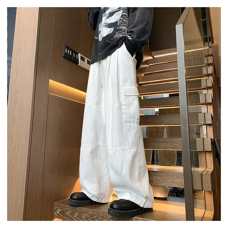 BONSIR  -  Multi-Pocket Washed Cargo Pants Men Women Y2K Vintage Streetwear Loose Oversized Straight Wide-Leg Jeans Dark Green/Purple