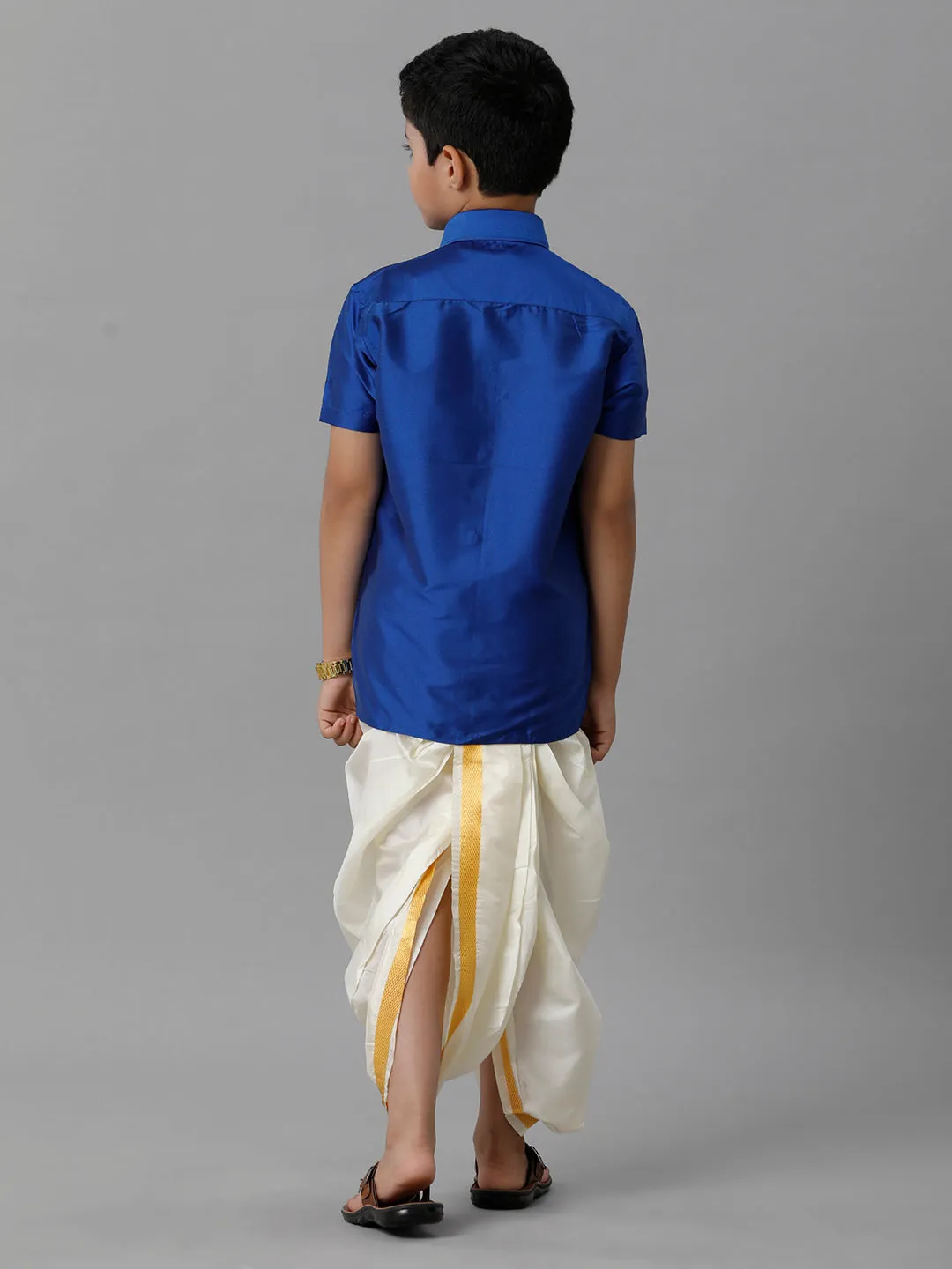 Boys Silk Cotton Royal Blue Half Sleeves Shirt with Soft Silk Panchakacham Combo K5