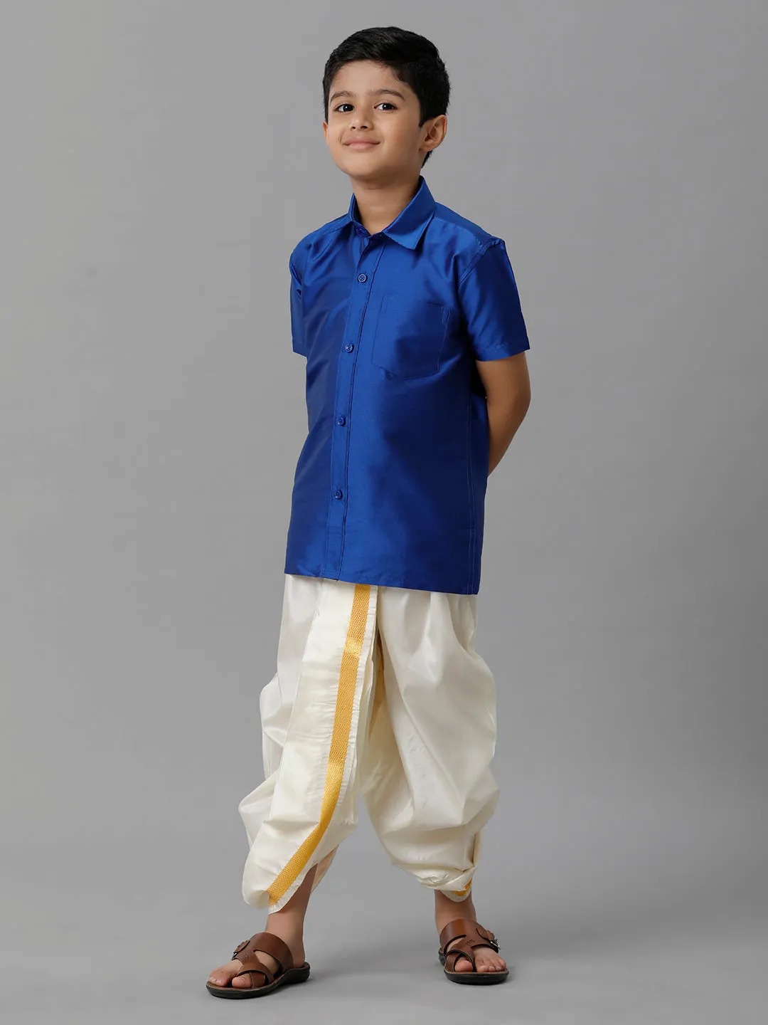 Boys Silk Cotton Royal Blue Half Sleeves Shirt with Soft Silk Panchakacham Combo K5