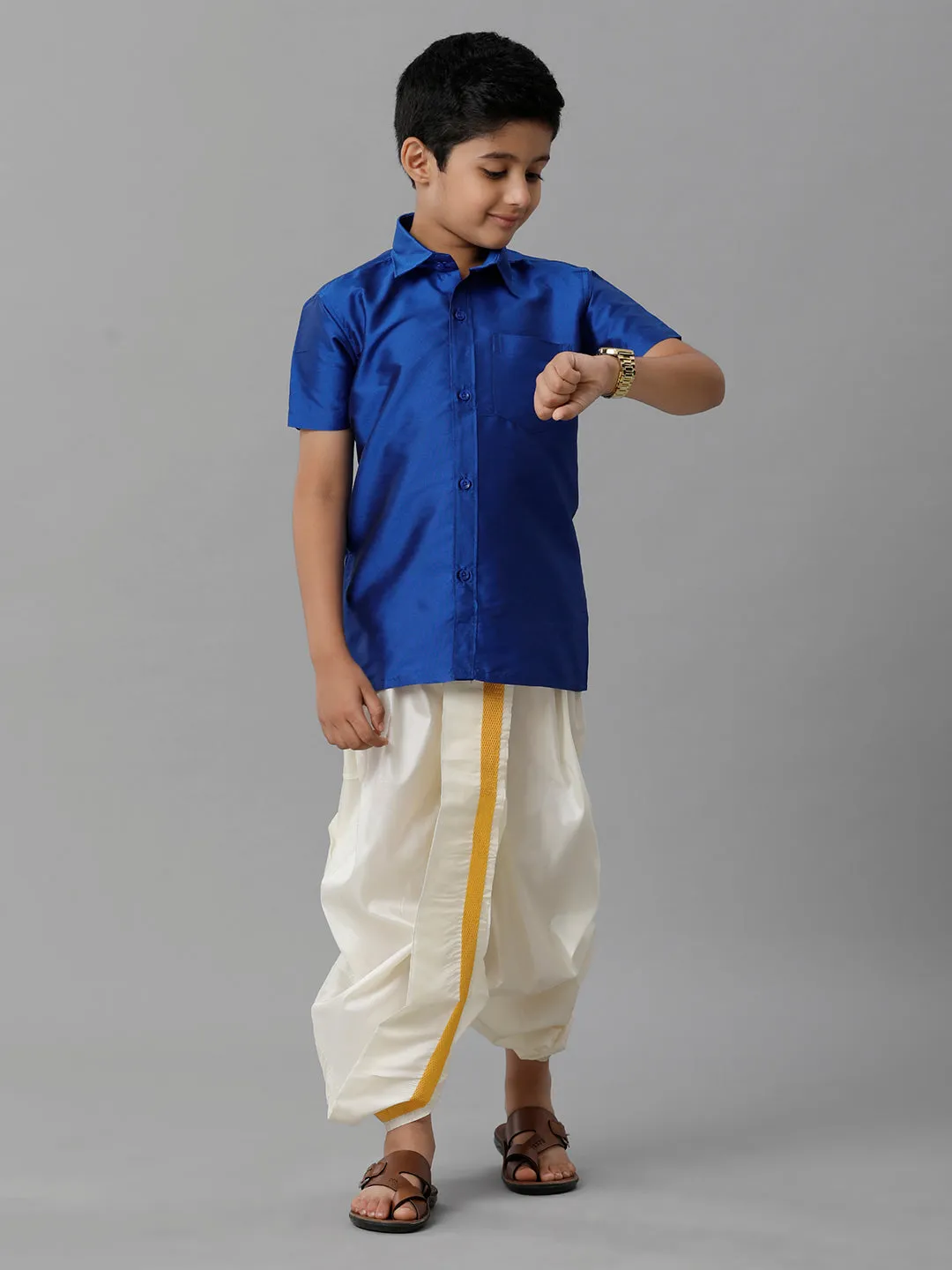 Boys Silk Cotton Royal Blue Half Sleeves Shirt with Soft Silk Panchakacham Combo K5