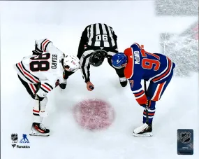 Connor Bedard Chicago Blackhawks vs Connor McDavid Edmonton Oilers Faceoff Unsigned Photograph - December 12, 2023