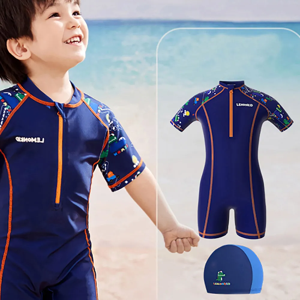 Dark Blue Geometric Alligator Kids Swimwear with matching Swim Cap with UPF 50 