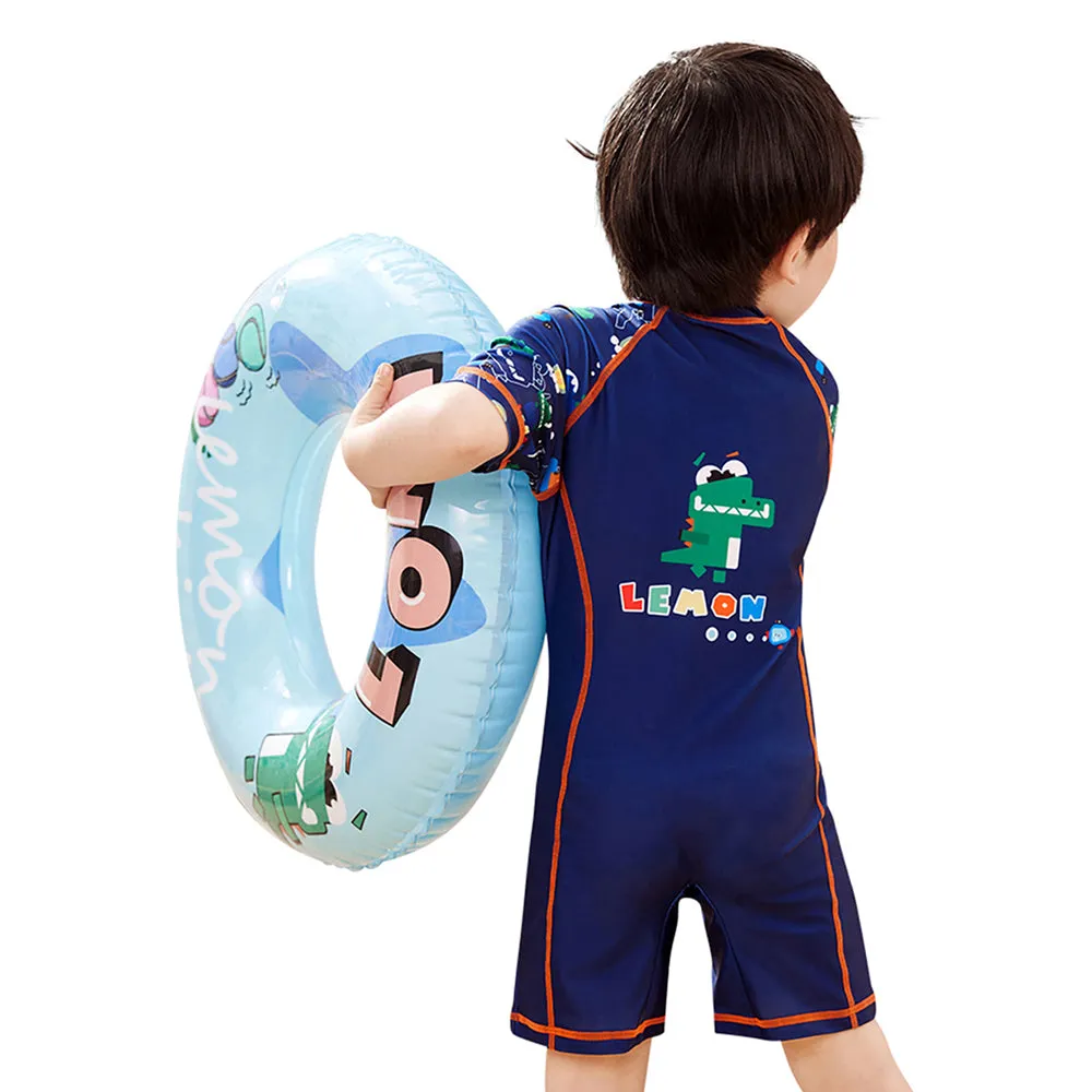 Dark Blue Geometric Alligator Kids Swimwear with matching Swim Cap with UPF 50 