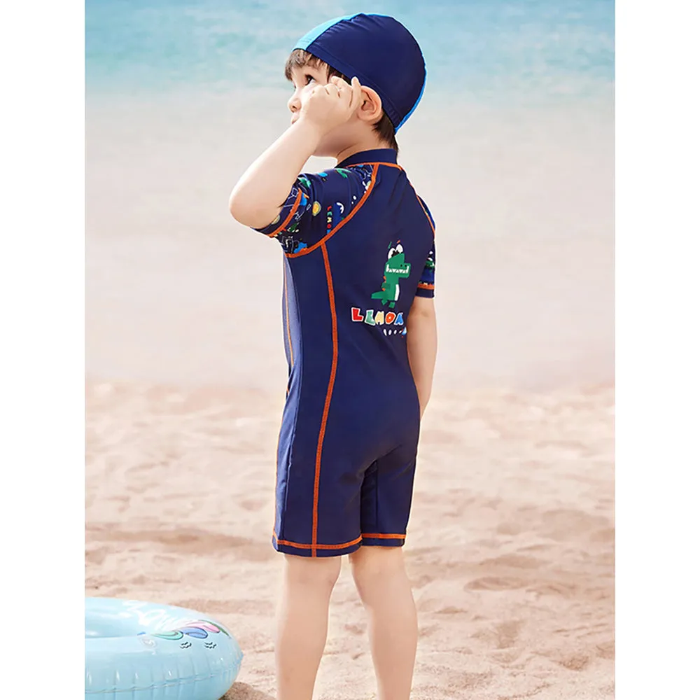 Dark Blue Geometric Alligator Kids Swimwear with matching Swim Cap with UPF 50 
