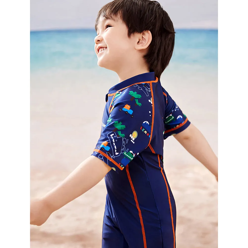Dark Blue Geometric Alligator Kids Swimwear with matching Swim Cap with UPF 50 