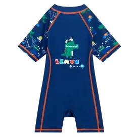 Dark Blue Geometric Alligator Kids Swimwear with matching Swim Cap with UPF 50 