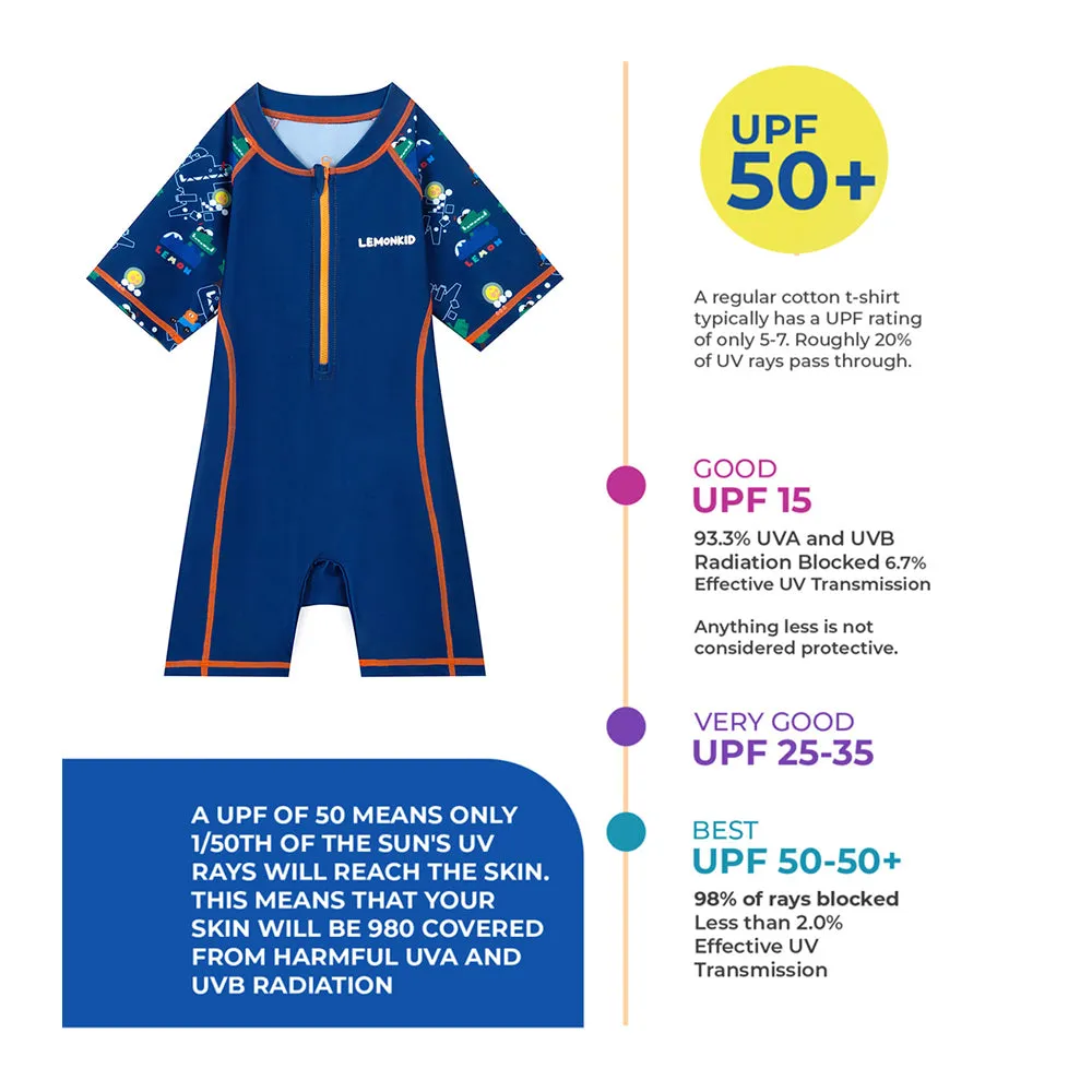 Dark Blue Geometric Alligator Kids Swimwear with matching Swim Cap with UPF 50 